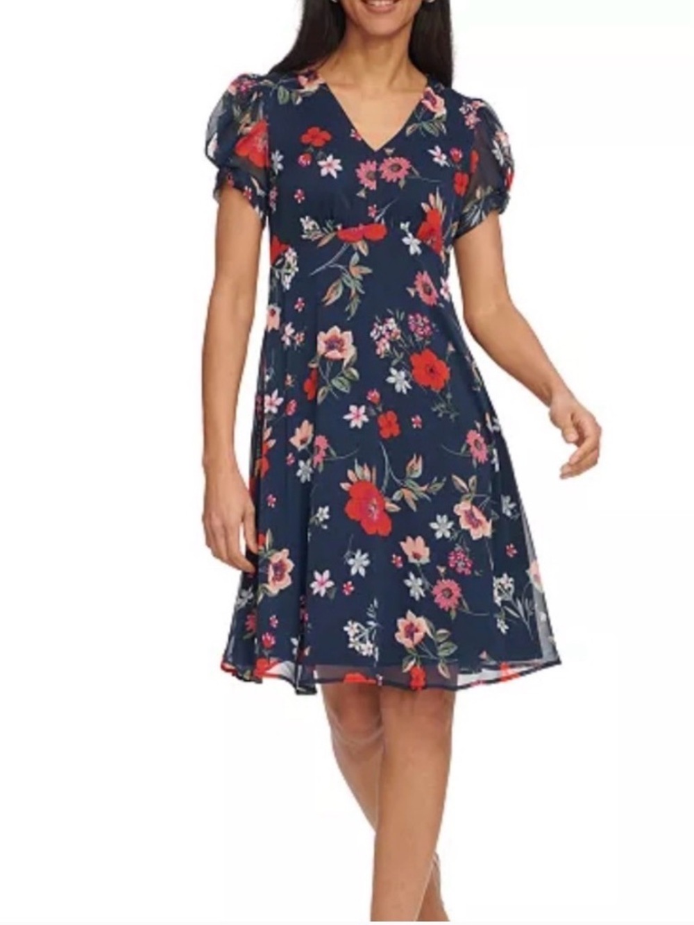 Calvin Klein Navy Floral V‑Neck Midi Dress